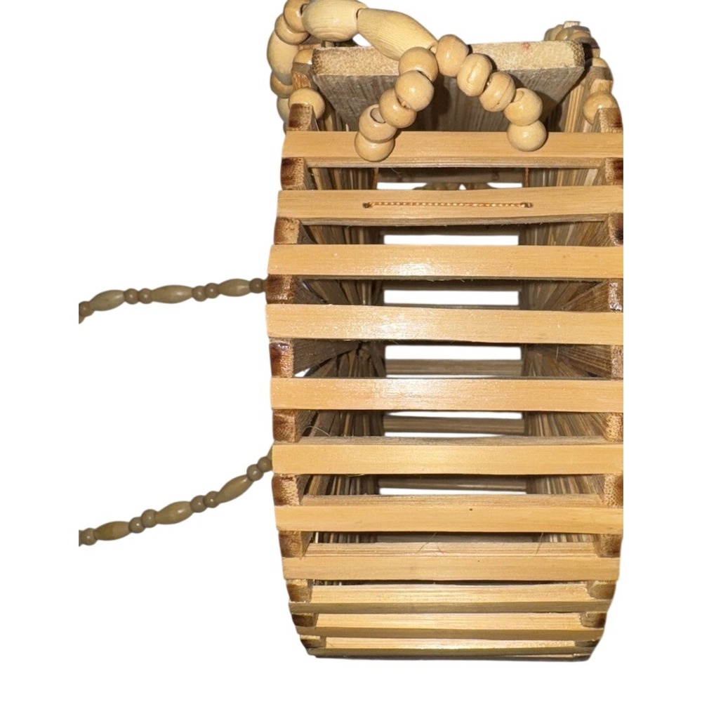 Natural Bamboo Round Cage Crossbody Bag Beaded Strap Wood Slat Circle Handbag - Picture 8 of 8